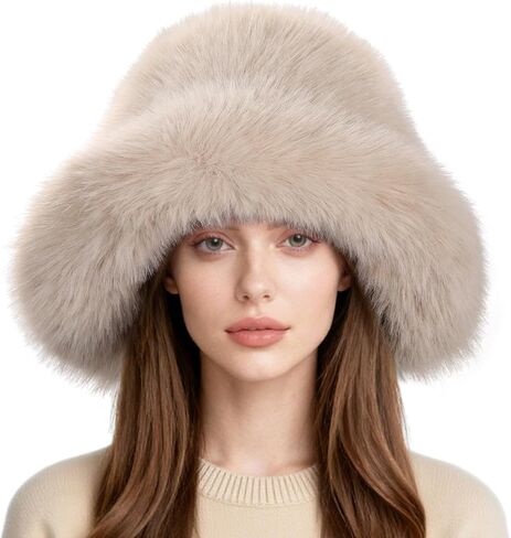 Women’s Fuzzy Faux Fur Bucket Hat Winter Warm Furry Hat Wide Brim Fisherman Cap in Saudi Arabia