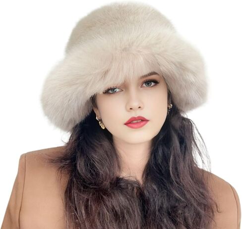 Women's Fuzzy Wide Brim Faux Fur Bucket Hat Winter Warmer Fisherman Cap Russian Hats in Saudi Arabia