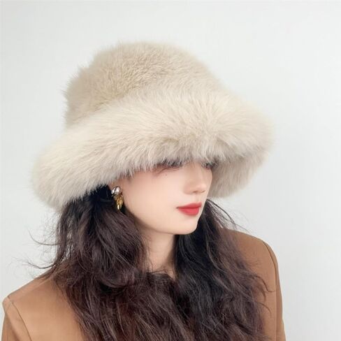 Women's Fuzzy Wide Brim Faux Fur Bucket Hat Winter Warmer Fisherman Cap Russian Hats in Saudi Arabia