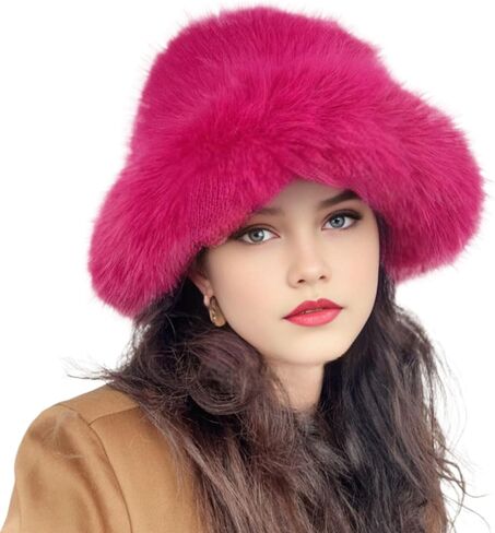 Women's Fuzzy Wide Brim Faux Fur Bucket Hat Winter Warmer Fisherman Cap Russian Hats in Saudi Arabia