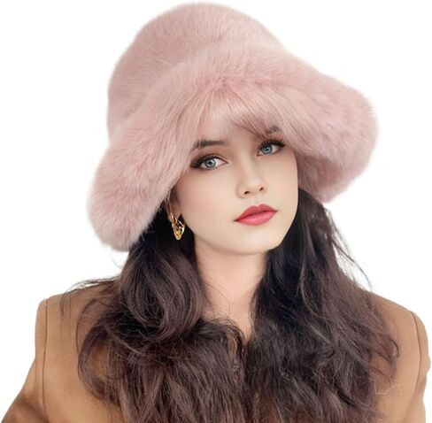 Women's Fuzzy Wide Brim Faux Fur Bucket Hat Winter Warmer Fisherman Cap Russian Hats in Saudi Arabia