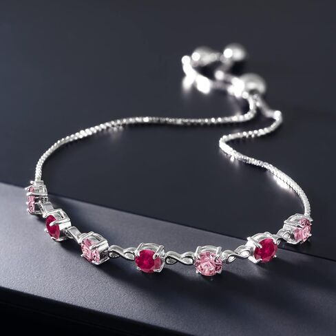 Gem Stone King 18K Rose Gold Plated Silver Pink Lab Grown Diamond and Red Created Ruby Infinity Links Bracelet For Women (2.64 Cttw, Round 4.5MM, Fully Adjustable Up to 9 Inch) in Saudi Arabia