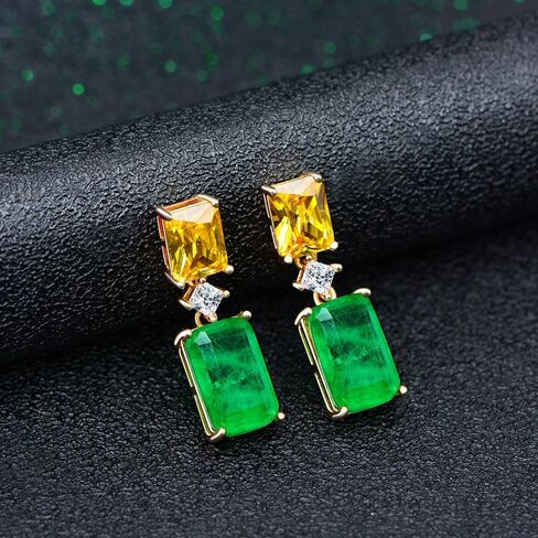 14K Solid Gold over S925 Rectangular 5 Carat Emerald Long Drop Earrings with Moissanite, Suitable for Any Outfit in Saudi Arabia
