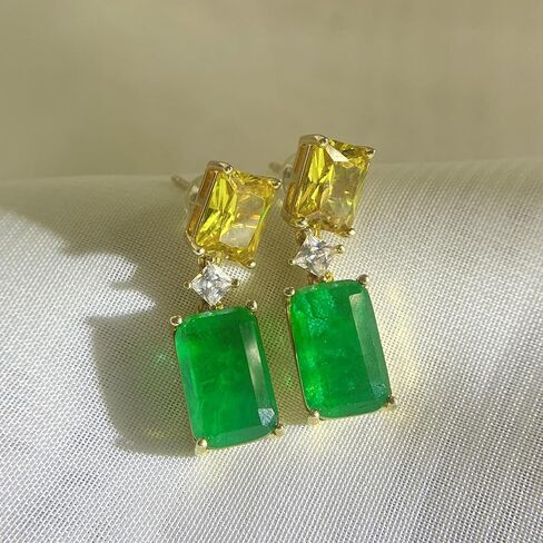 14K Solid Gold over S925 Rectangular 5 Carat Emerald Long Drop Earrings with Moissanite, Suitable for Any Outfit in Saudi Arabia