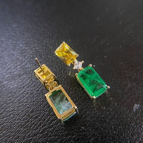 14K Solid Gold over S925 Rectangular 5 Carat Emerald Long Drop Earrings with Moissanite, Suitable for Any Outfit in Saudi Arabia