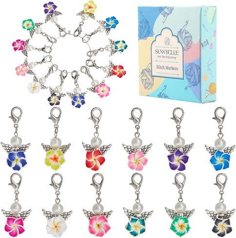 SUNNYCLUE 1 Box 50Pcs Flowers Crochet Stitch Markers Flower Clasp Charms Bulk Polymer Clay Plant Floral Leaf Locking Marker with Alloy Lobster Claw Clasp for Knitting Weaving Quilting Jewelry DIY in Saudi Arabia