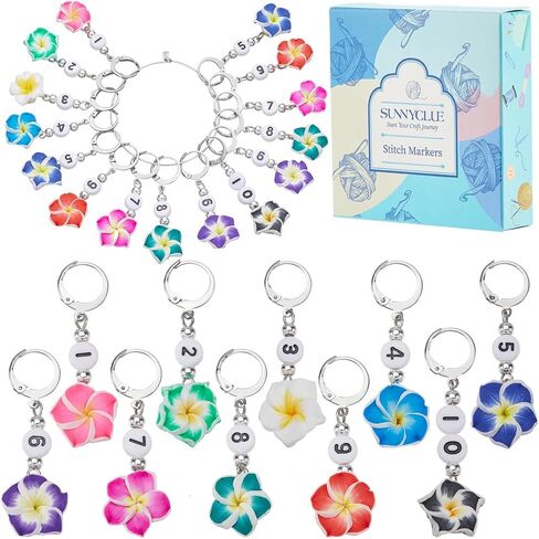 SUNNYCLUE 1 Box 50Pcs Flowers Crochet Stitch Markers Flower Clasp Charms Bulk Polymer Clay Plant Floral Leaf Locking Marker with Alloy Lobster Claw Clasp for Knitting Weaving Quilting Jewelry DIY in Saudi Arabia