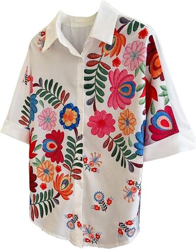 Verdusa Women's Floral Button Up Blouse Half Sleeve Tropical Shirts Vacation Collared Tops in Saudi Arabia