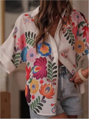 Verdusa Women's Floral Button Up Blouse Half Sleeve Tropical Shirts Vacation Collared Tops in Saudi Arabia