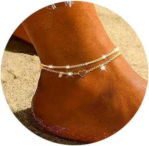 Anklet Bracelets for Women Gold Silver Plated CZ & Heart Charm Dainty Layered Anklets Trendy Chain Anklets Set Gifts in Saudi Arabia