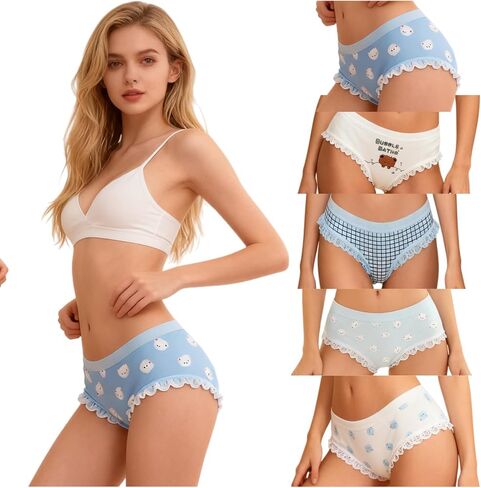 Cute Cartoon Cotton Womens Underwear for Women 5 Packs Panties Briefs Kawaii Frilly Lace Bear Plaid in Saudi Arabia