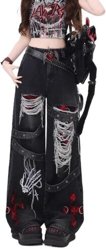 Y2K Ripped Grunge Baggy Jeans Pants Emo Women Goth Straight Leg Pants High Waist Alt 2000s Trousers Clothes in Saudi Arabia