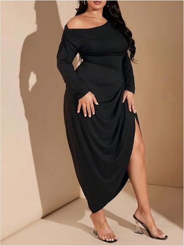 Floerns Women's Plus Size Off The Shoulder Maxi Dress Long Sleeve Ruched Wedding Guest Bodycon Dresses in Saudi Arabia