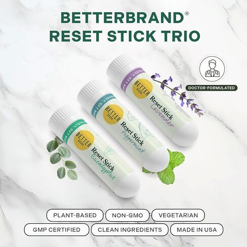 مجموعة عصا إعادة الضبط الثلاثية من Betterbrand - جهاز استنشاق طبيعي للأنف لتخفيف الاحتقان، والنعناع والأوكالبتوس والعلاج العطري باللافندر، غير طبي، ودعم الجيوب الأنفية مناسب للسفر - عبوة من 3 قطع in Kuwait