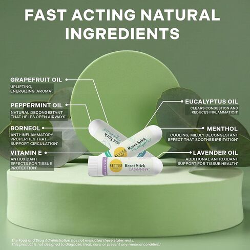 مجموعة عصا إعادة الضبط الثلاثية من Betterbrand - جهاز استنشاق طبيعي للأنف لتخفيف الاحتقان، والنعناع والأوكالبتوس والعلاج العطري باللافندر، غير طبي، ودعم الجيوب الأنفية مناسب للسفر - عبوة من 3 قطع in Kuwait