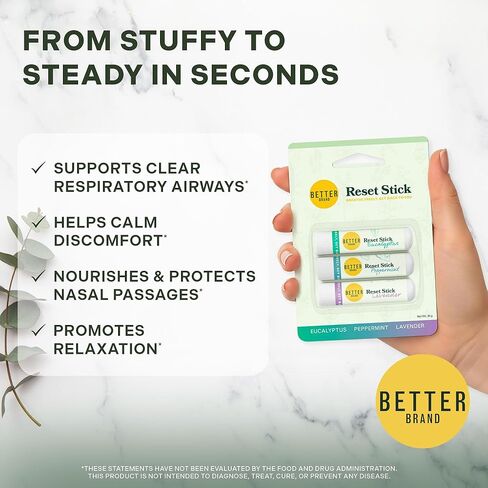 مجموعة عصا إعادة الضبط الثلاثية من Betterbrand - جهاز استنشاق طبيعي للأنف لتخفيف الاحتقان، والنعناع والأوكالبتوس والعلاج العطري باللافندر، غير طبي، ودعم الجيوب الأنفية مناسب للسفر - عبوة من 3 قطع in Kuwait