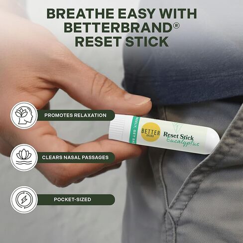 مجموعة عصا إعادة الضبط الثلاثية من Betterbrand - جهاز استنشاق طبيعي للأنف لتخفيف الاحتقان، والنعناع والأوكالبتوس والعلاج العطري باللافندر، غير طبي، ودعم الجيوب الأنفية مناسب للسفر - عبوة من 3 قطع in Kuwait