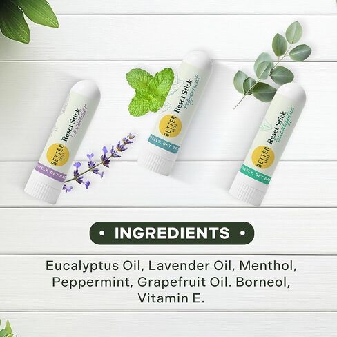 مجموعة عصا إعادة الضبط الثلاثية من Betterbrand - جهاز استنشاق طبيعي للأنف لتخفيف الاحتقان، والنعناع والأوكالبتوس والعلاج العطري باللافندر، غير طبي، ودعم الجيوب الأنفية مناسب للسفر - عبوة من 3 قطع in Kuwait