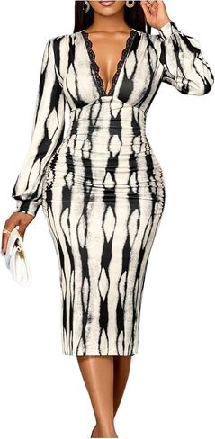 SweatyRocks Women's Long Sleeve Lace Deep V Neck Ruched Cheetah Print Bodycon Midi Dress in Saudi Arabia