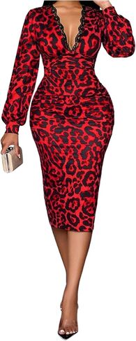 SweatyRocks Women's Long Sleeve Lace Deep V Neck Ruched Cheetah Print Bodycon Midi Dress in Saudi Arabia