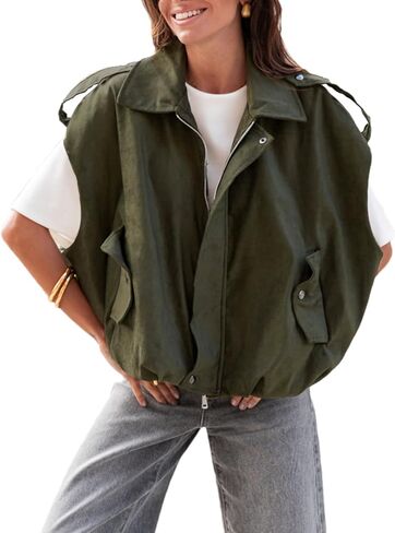 Zontroldy Womens Faux Suede Vest Cropped Bomber Jacket Casual Sleeveless Streetwear Top Vests Trendy in Saudi Arabia