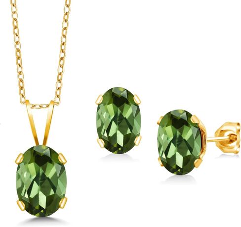 مجموعة أقراط قلادة من الفضة المطلية بالذهب الأصفر عيار 18 قيراط من Gem Stone King 1.70 قيراط من التورمالين الأخضر للنساء | جوهرة الميلاد الأحجار الكريمة | مع سلسلة 18 بوصة in Kuwait