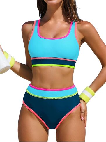 popvil Womens High Waisted Bikini Sets 2026 Neon Two Piece Swimsuit for Women Sporty Crisscross Back Bathing Suit in Kuwait