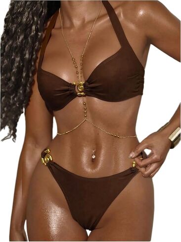 MakeMeChic Women's 2 Piece Summer Bikini Sets Metal Ring Linked Halter Ruched Beach Swimsuit in Saudi Arabia