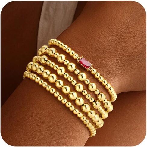 Turandoss 5PCS Birthstone Bracelets for Women, Dainty Layered Emerald 14K Gold Plated Beaded Birthstone Bracelets Set Trendy Waterproof Stackable Jewelry Birthday Valentines Gifts for Women Girls in Saudi Arabia