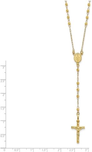 Jewelry Affairs 14K Yellow Gold Rosary Necklace, Faceted Beads Chain, Cross and Medallion, 24 Inch in Kuwait