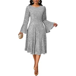 فستان نسائي برقبة دائرية مزين بالترتر، فستان لامع على شكل حرف A وأكمام طويلة لامعة وخصر مرتفع، فساتين متوسطة الطول in Kuwait