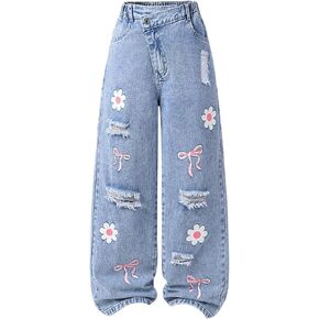 Girl's Floral Bow Baggy Jeans Y2k Ripped Wide Leg Elastic Waist Denim Pants Loose Trousers in Saudi Arabia