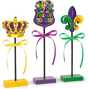 3 Pieces Mardi Gras Table Decorations Wooden Set, Rustic Mardi Gras Tiered Tray Decor for Home Party Room (Colorful) in Saudi Arabia