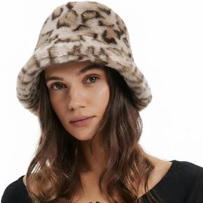 قبعة دلو من الفرو الصناعي الفاخر، نمط طباعة الفهد، إكسسوار شتوي ناعم، طباعة حيوانات باللونين البيج والبني in Kuwait