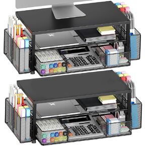 Desk Organizers and Accessories, 2-Tier Computer Monitor Stand for Desk Organizer with Drawer and 2 Pen Holders, Office Desk Accessories Workspace Desktop Organizers for Office Supplies, Pink in Kuwait