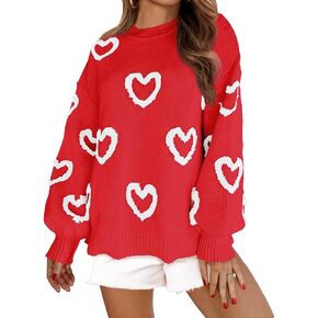 KMBANGI Women Heart Print Sweater Romantic Oversized Knitted Shirt Valentine's Day Love Graphic Long Sleeve Pullover Top in Kuwait