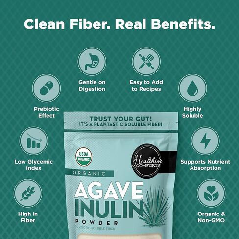 Healthier Comforts Organic Inulin Powder (12 oz) from Blue Agave | Soluble Prebiotic Fiber, Gentle on Digestion, Non-GMO | Perfect for Coffee, Baking & Cooking in Saudi Arabia