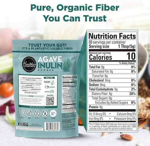 Healthier Comforts Organic Inulin Powder (12 oz) from Blue Agave | Soluble Prebiotic Fiber, Gentle on Digestion, Non-GMO | Perfect for Coffee, Baking & Cooking in Saudi Arabia