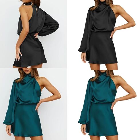Women's Elegant One Shoulder Long Sleeve Satins Party Cocktail Mini Dress Mock Neck Short Dress in Saudi Arabia