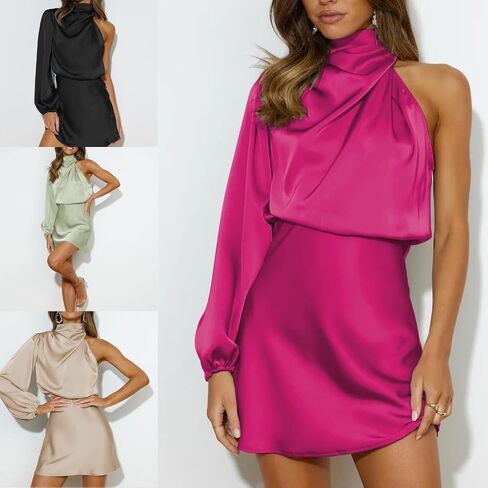 Women's Elegant One Shoulder Long Sleeve Satins Party Cocktail Mini Dress Mock Neck Short Dress in Saudi Arabia