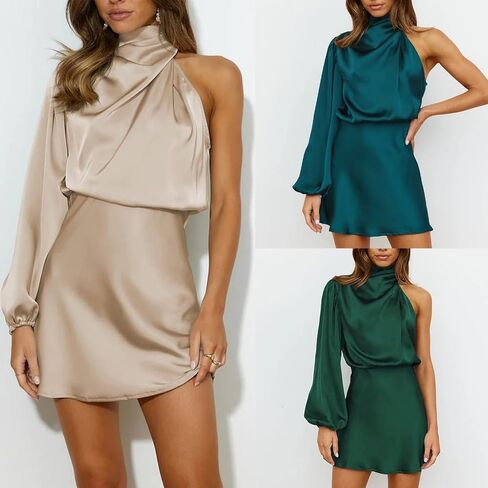 Women's Elegant One Shoulder Long Sleeve Satins Party Cocktail Mini Dress Mock Neck Short Dress in Saudi Arabia