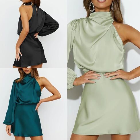 Women's Elegant One Shoulder Long Sleeve Satins Party Cocktail Mini Dress Mock Neck Short Dress in Saudi Arabia