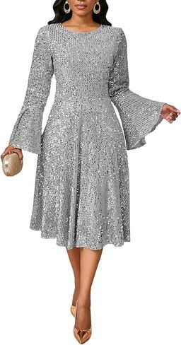 فستان نسائي برقبة دائرية مزين بالترتر، فستان لامع على شكل حرف A وأكمام طويلة لامعة وخصر مرتفع، فساتين متوسطة الطول in Kuwait