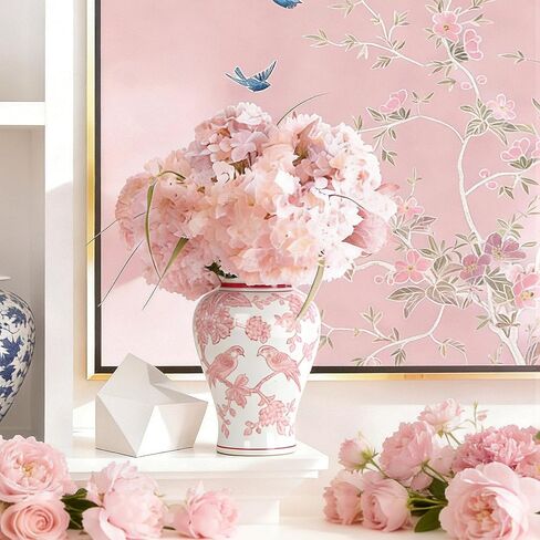 11″ Pink Ginger Jar with Lid Porcelain Stylized Songbirds Floral Temple Jar Chinoiserie Vase Chinese Style Ginger Jars Antique Home Decor for Interior Design in Saudi Arabia