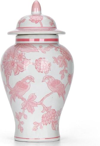 11″ Pink Ginger Jar with Lid Porcelain Stylized Songbirds Floral Temple Jar Chinoiserie Vase Chinese Style Ginger Jars Antique Home Decor for Interior Design in Saudi Arabia