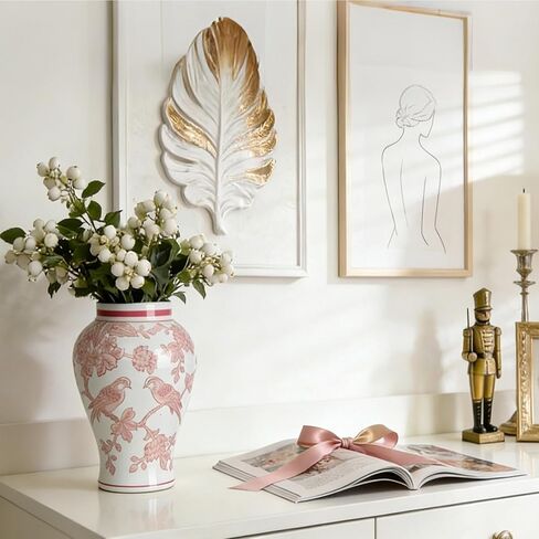 11″ Pink Ginger Jar with Lid Porcelain Stylized Songbirds Floral Temple Jar Chinoiserie Vase Chinese Style Ginger Jars Antique Home Decor for Interior Design in Saudi Arabia