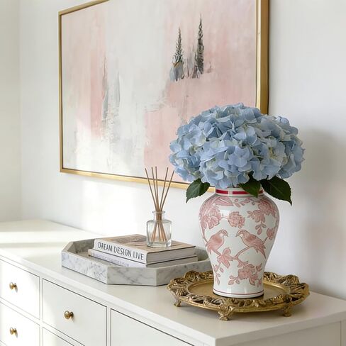11″ Pink Ginger Jar with Lid Porcelain Stylized Songbirds Floral Temple Jar Chinoiserie Vase Chinese Style Ginger Jars Antique Home Decor for Interior Design in Saudi Arabia