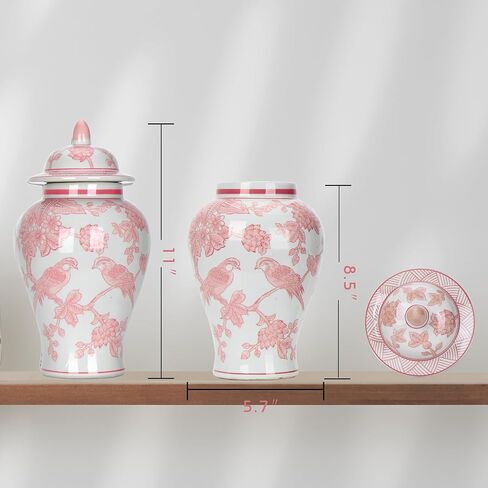 11″ Pink Ginger Jar with Lid Porcelain Stylized Songbirds Floral Temple Jar Chinoiserie Vase Chinese Style Ginger Jars Antique Home Decor for Interior Design in Saudi Arabia