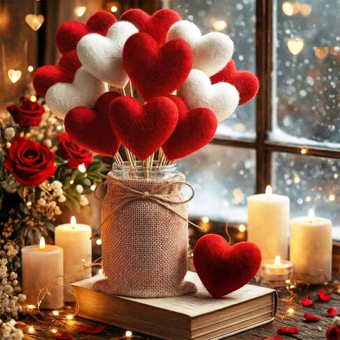 Youyole Rustic Valentines Table Decorations Set, Valentines Mason Jars Decor with 12 Pcs Red White Felt Heart Picks Galentines Bouquet Heart Flower Stick Gifts for Lovers Dinning Table Office in Saudi Arabia