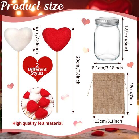 Youyole Rustic Valentines Table Decorations Set, Valentines Mason Jars Decor with 12 Pcs Red White Felt Heart Picks Galentines Bouquet Heart Flower Stick Gifts for Lovers Dinning Table Office in Saudi Arabia